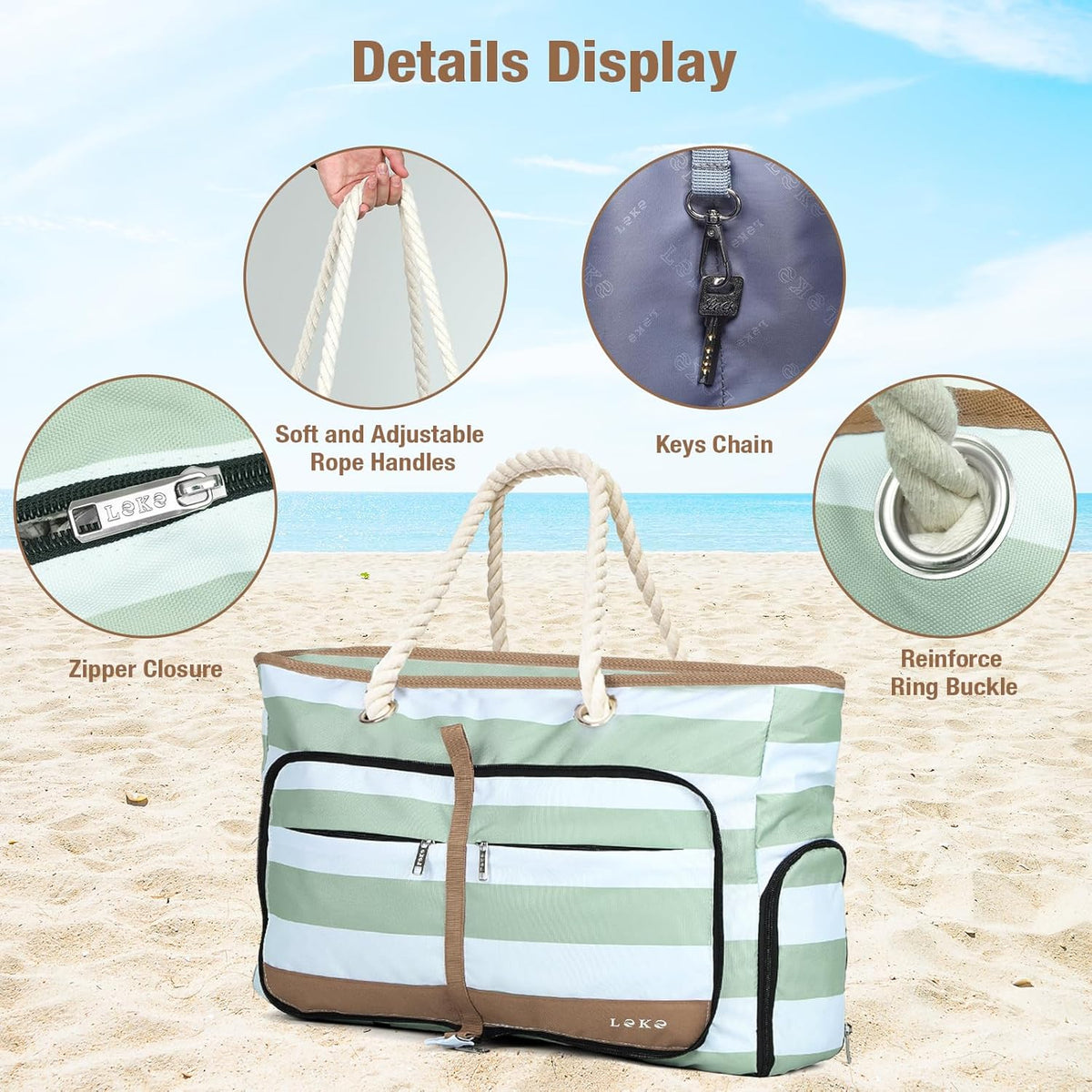 Beach Bag for Women - 35L Large Tote Bag, Waterproof & Sandproof, Zippered Carry On Bag for Pool, Beach & Travel