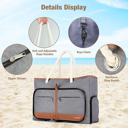 Beach Bag for Women - 35L Large Tote Bag, Waterproof & Sandproof, Zippered Carry On Bag for Pool, Beach & Travel