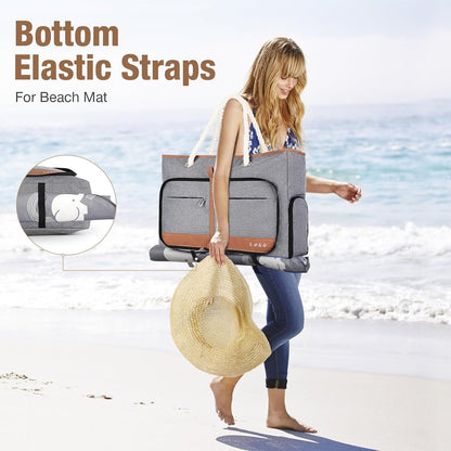 Beach Bag for Women - 35L Large Tote Bag, Waterproof & Sandproof, Zippered Carry On Bag for Pool, Beach & Travel