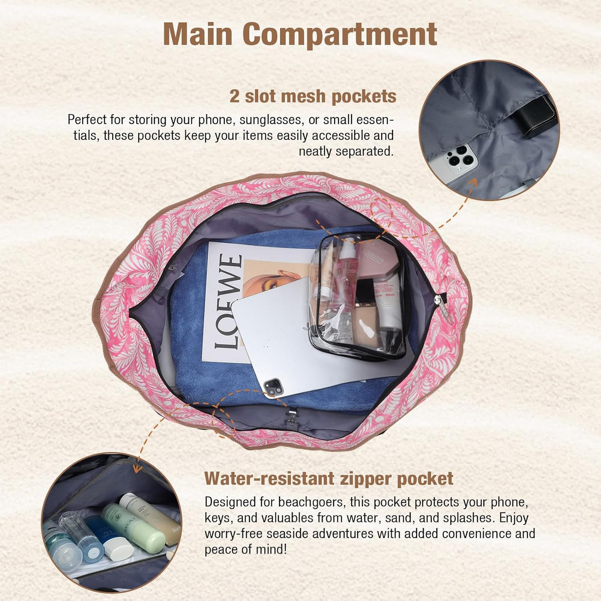 Beach Bag for Women - 35L Large Tote Bag, Waterproof & Sandproof, Zippered Carry On Bag for Pool, Beach & Travel