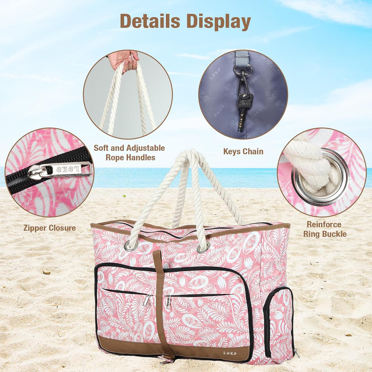 Beach Bag for Women - 35L Large Tote Bag, Waterproof & Sandproof, Zippered Carry On Bag for Pool, Beach & Travel