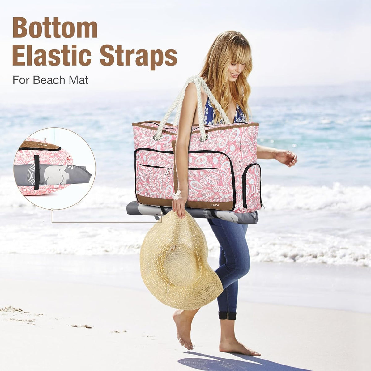 Beach Bag for Women - 35L Large Tote Bag, Waterproof & Sandproof, Zippered Carry On Bag for Pool, Beach & Travel