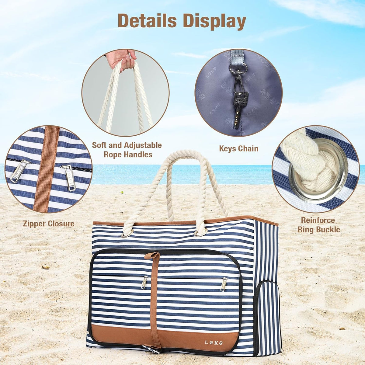 Beach Bag for Women - 35L Large Tote Bag, Waterproof & Sandproof, Zippered Carry On Bag for Pool, Beach & Travel