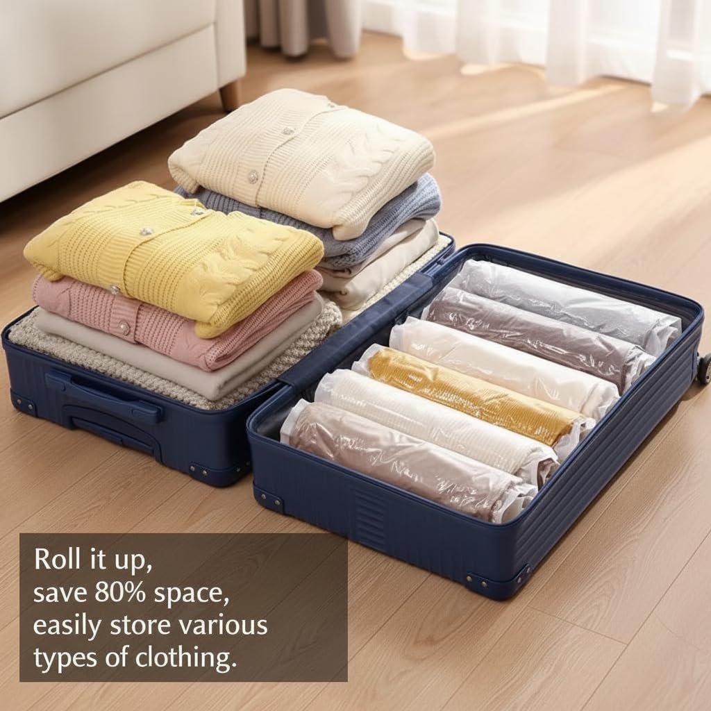Roll Up Vacuum Storage Bag, No Eeed For Pump, Saves Space, Travel Compression Bag, Luggage, Wardrobe Organization