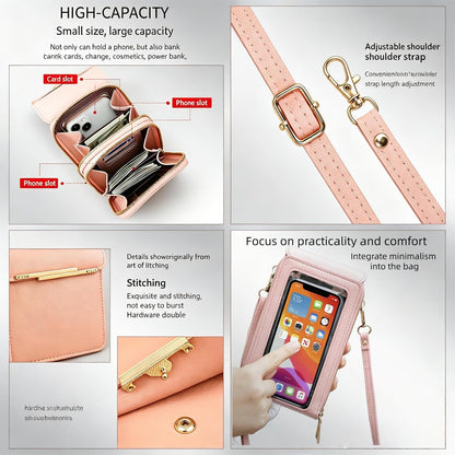 Women's Touch Screen Mobile Phone Messenger Bag, New Anti-Theft Leather Messenger Bag RFID Block Mobile Phone Purse