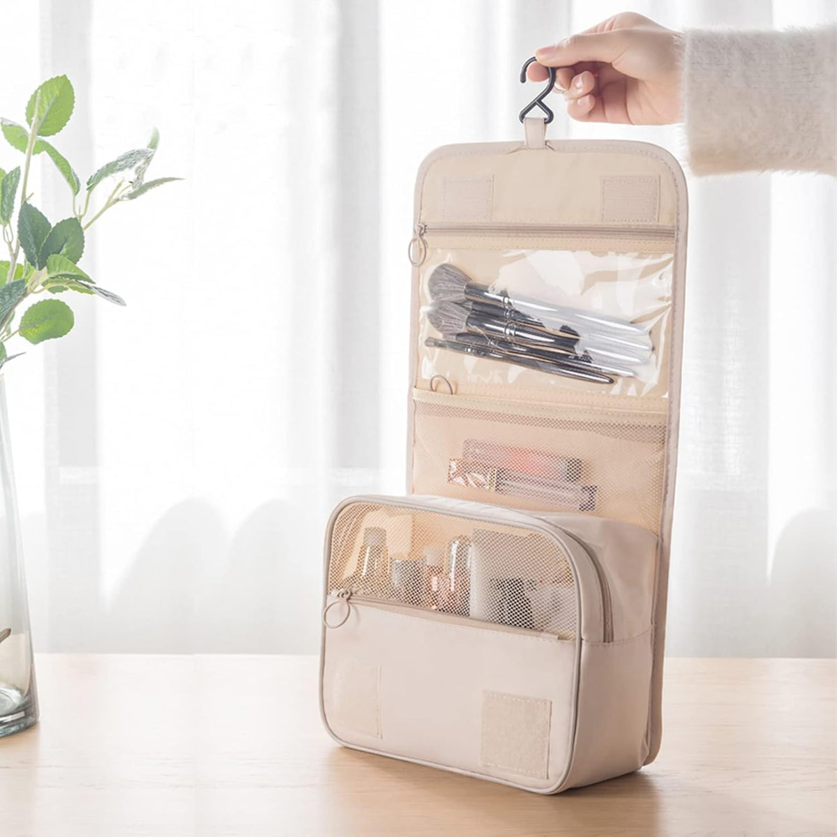 Hanging Toiletry Bag for Women, Travel Size Toiletries bags with Hook, Travel Makeup Bag for Cosmetic Storage Organizer Beige
