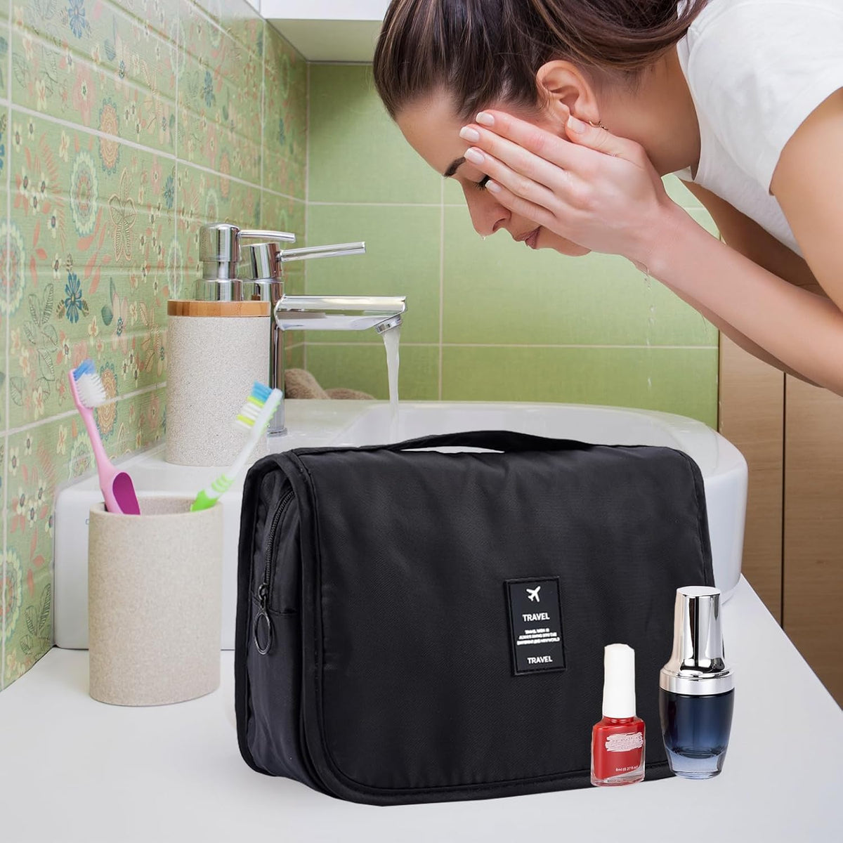 Hanging Toiletry Bag for Women, Travel Size Toiletries bags with Hook, Travel Makeup Bag for Cosmetic Storage Organizer Beige