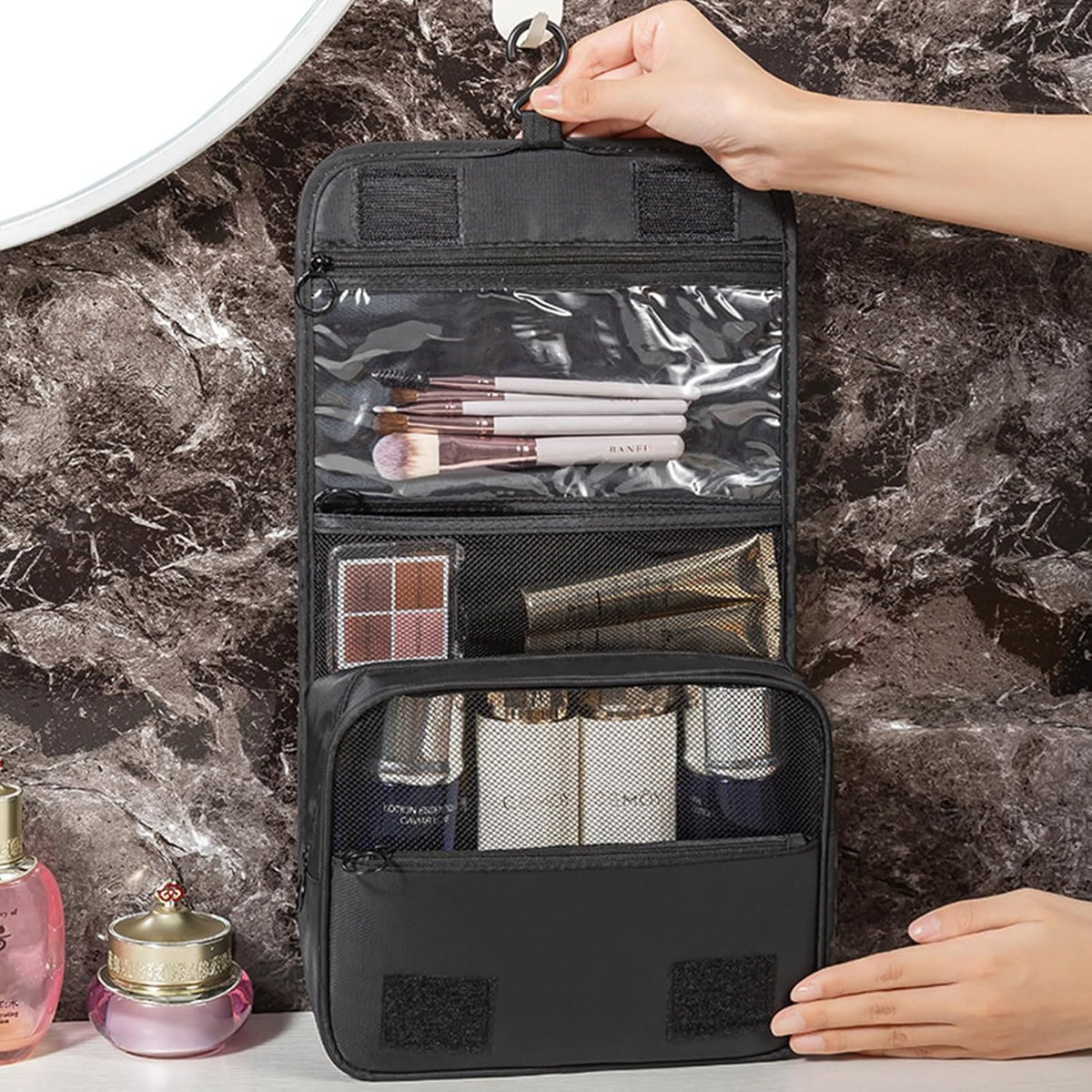 Hanging Toiletry Bag for Women, Travel Size Toiletries bags with Hook, Travel Makeup Bag for Cosmetic Storage Organizer Beige