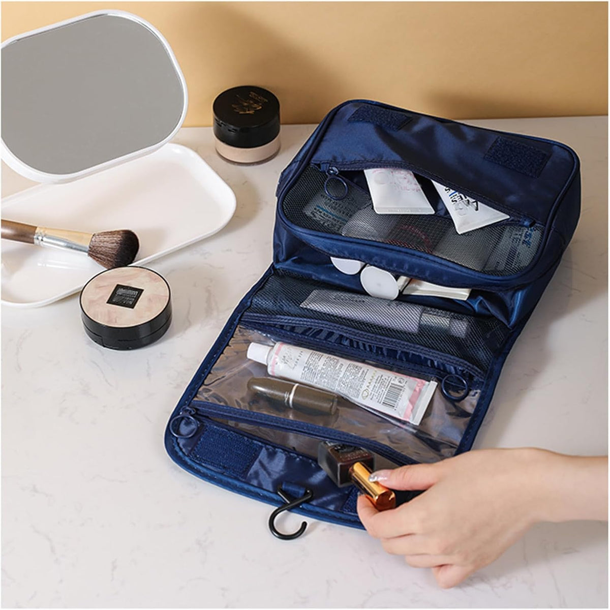 Hanging Toiletry Bag for Women, Travel Size Toiletries bags with Hook, Travel Makeup Bag for Cosmetic Storage Organizer Beige
