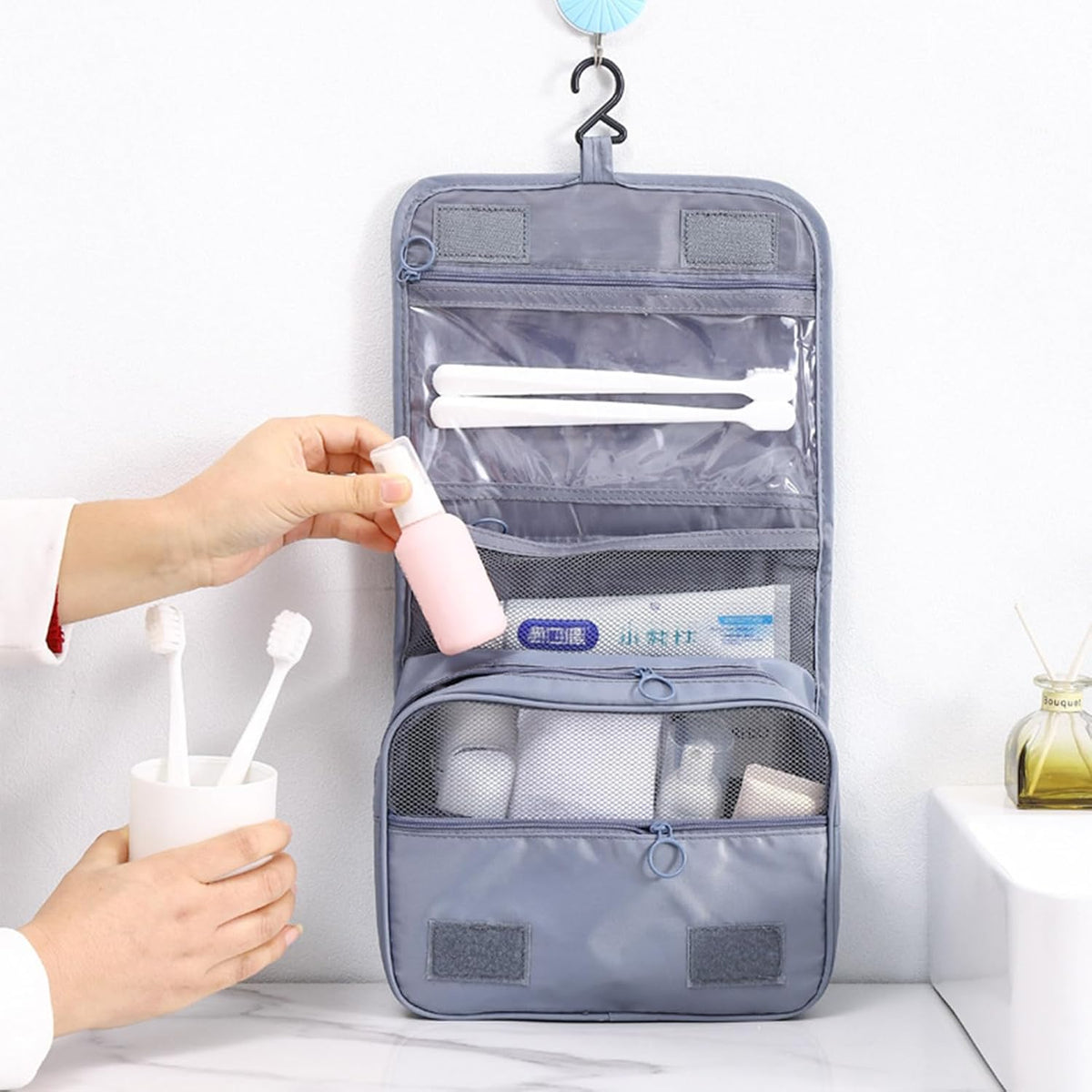Hanging Toiletry Bag for Women, Travel Size Toiletries bags with Hook, Travel Makeup Bag for Cosmetic Storage Organizer Beige