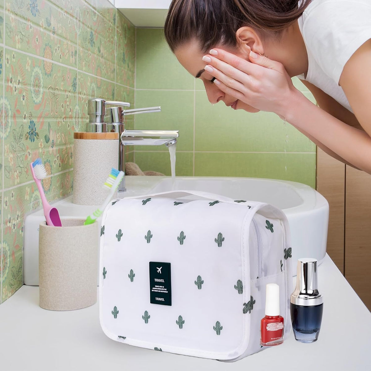 Hanging Toiletry Bag for Women, Travel Size Toiletries bags with Hook, Travel Makeup Bag for Cosmetic Storage Organizer Beige