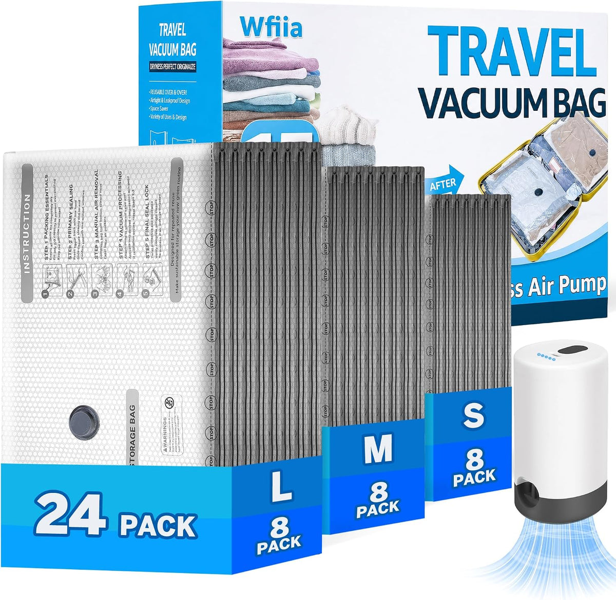 15 Packs Vacuum Bags for Travel with Rechargeable Pump, 3 Sizes Vacuum Seal Bags for Clothing, Compression Vacuum Travel Bags for Luggage, Vacuum Packing Bags for Closet Organization