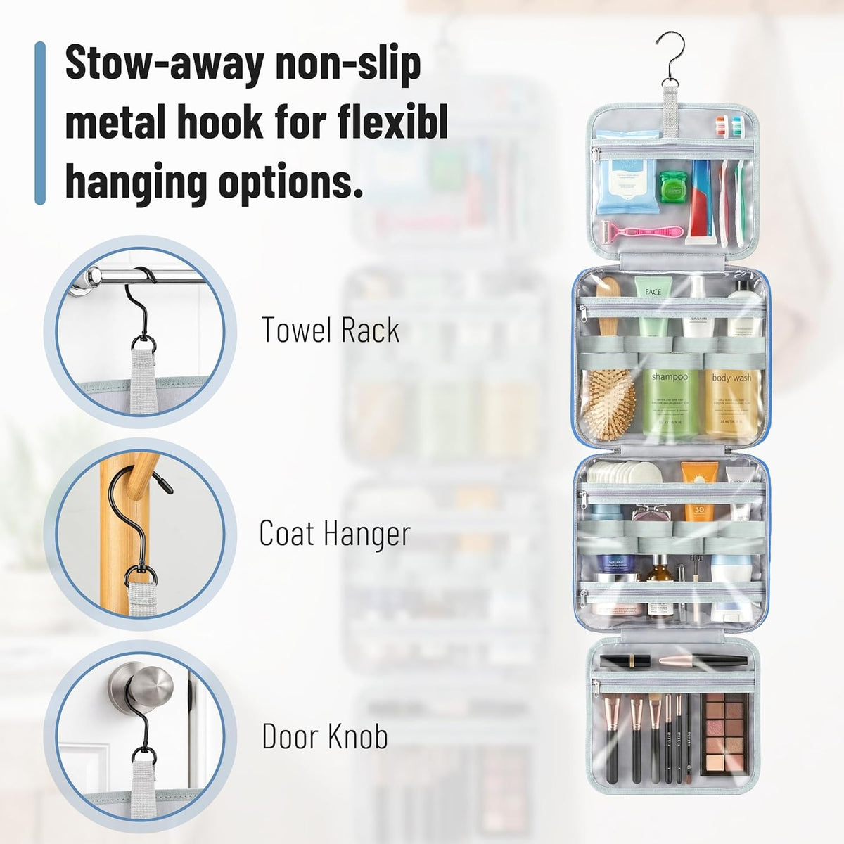 Travel Toiletry Bag Organizers, Teal | Makeup Travel Bag for Toiletries with Hanging Hook, Water-Resistant