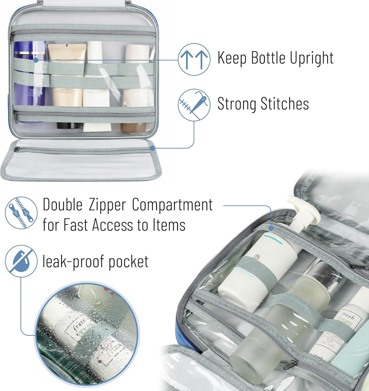 Travel Toiletry Bag Organizers, Teal | Makeup Travel Bag for Toiletries with Hanging Hook, Water-Resistant
