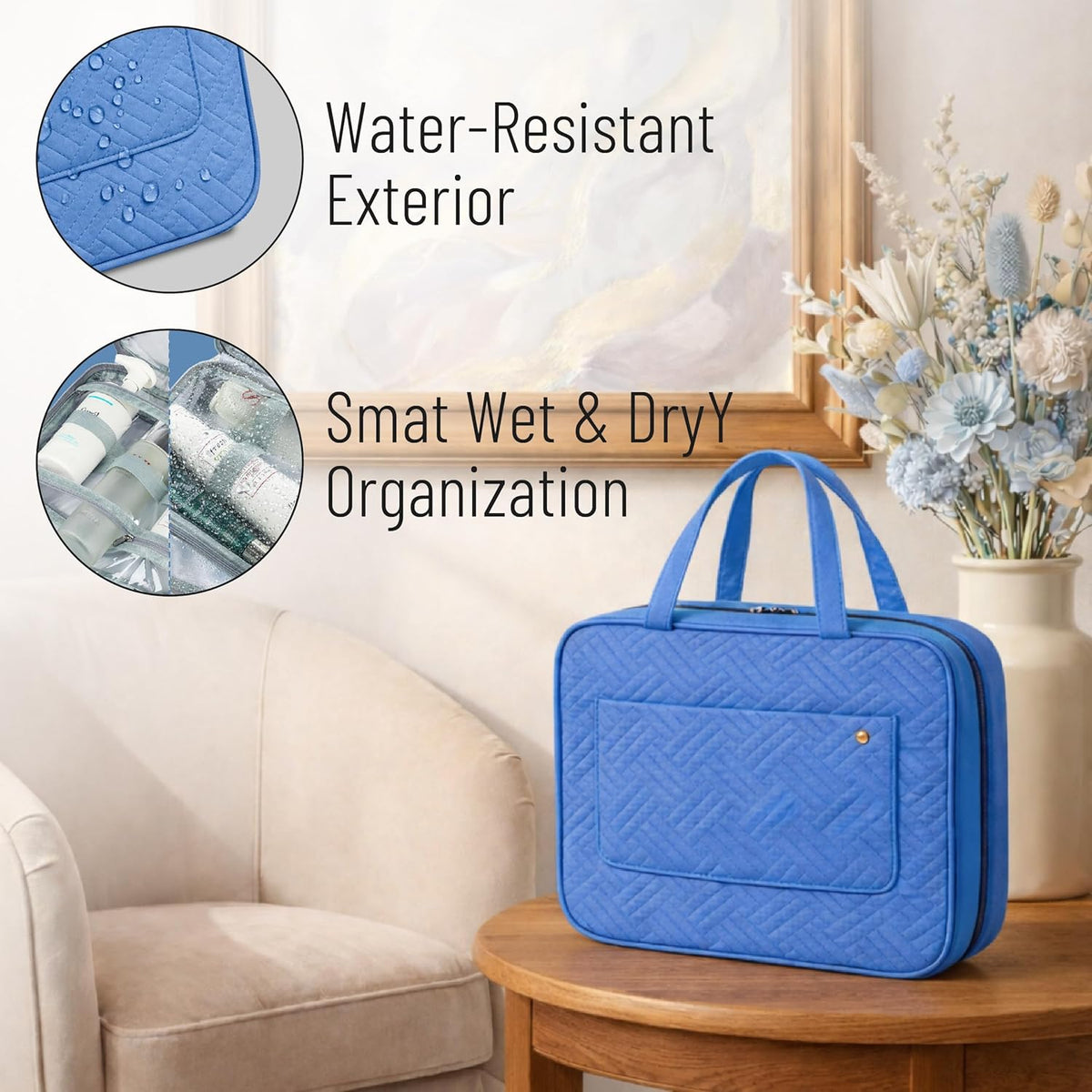 Travel Toiletry Bag Organizers, Teal | Makeup Travel Bag for Toiletries with Hanging Hook, Water-Resistant