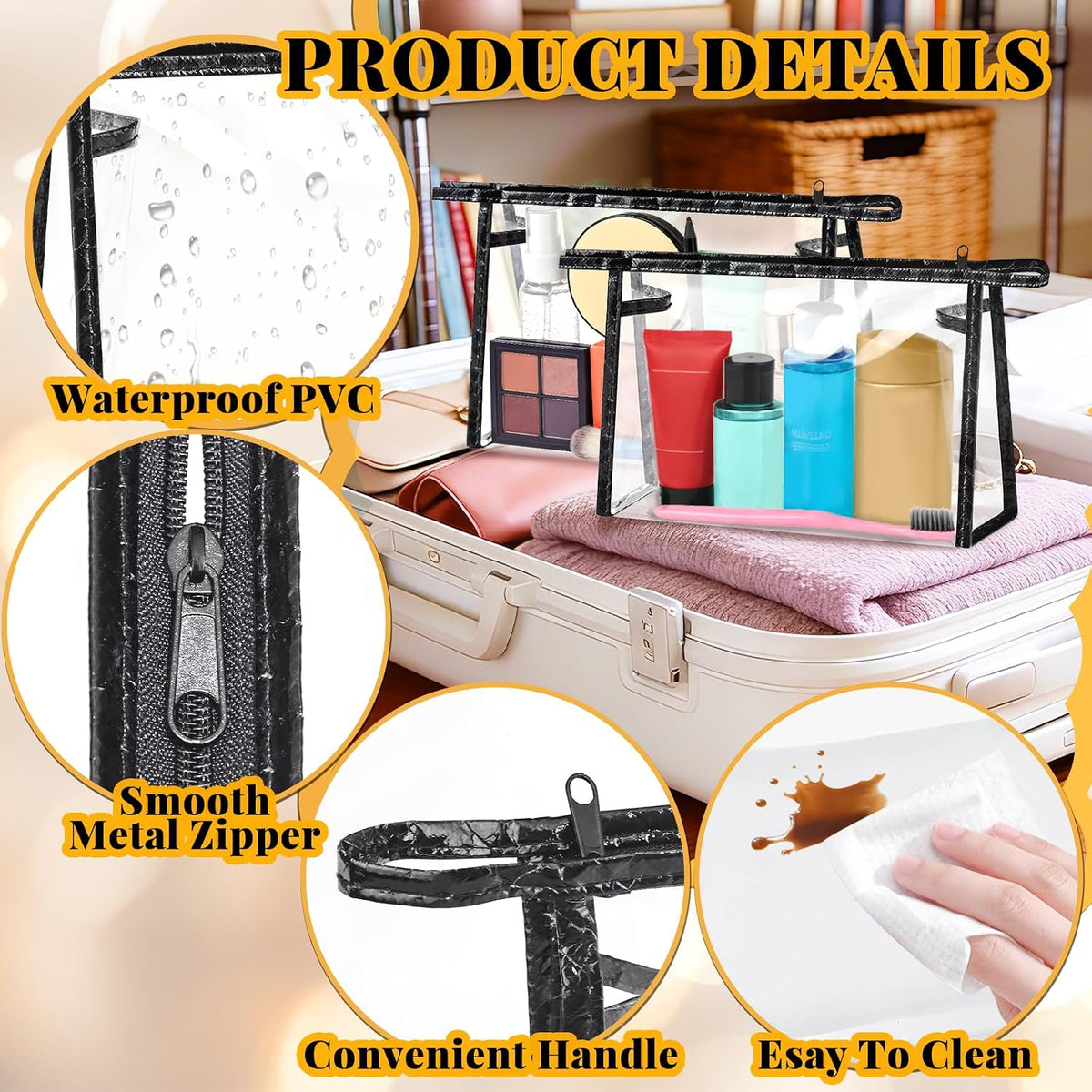 5 Pack Clear Cosmetic Bags Makeup Bags Set Waterproof PVC Clear Toiletry Bag with Zipper, Makeup Organizer Storage Pouches Fit Carry-on Travel Essentials
