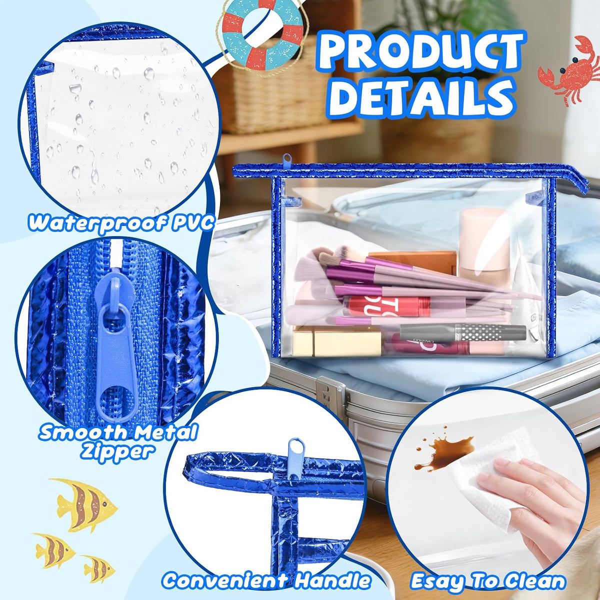 5 Pack Clear Cosmetic Bags Makeup Bags Set Waterproof PVC Clear Toiletry Bag with Zipper, Makeup Organizer Storage Pouches Fit Carry-on Travel Essentials