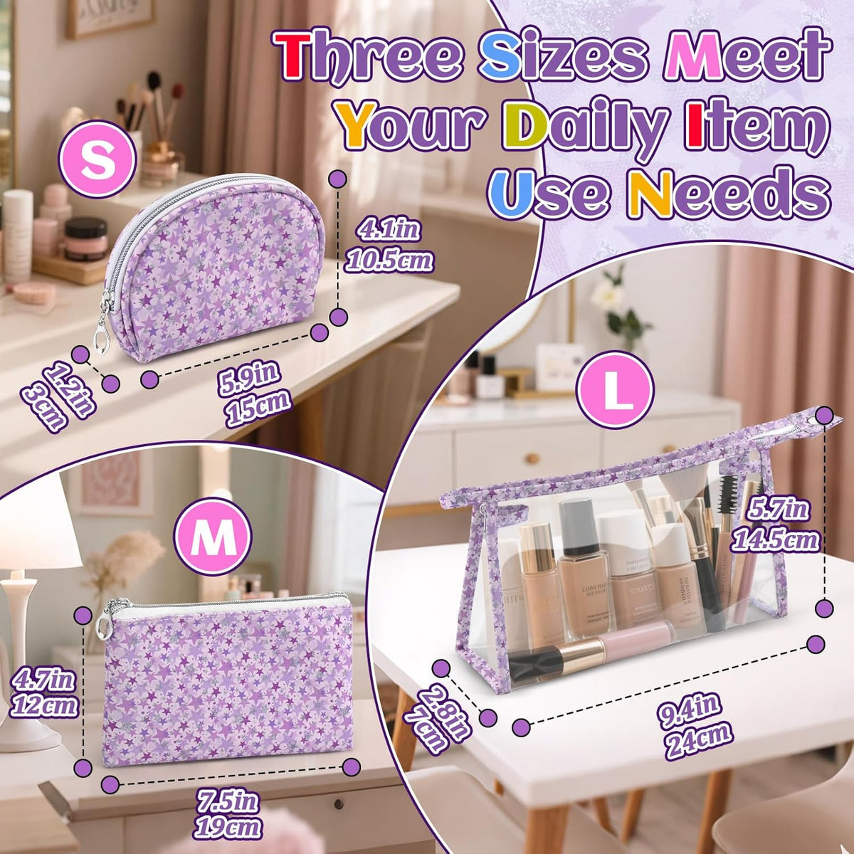 5 Pack Clear Cosmetic Bags Makeup Bags Set Waterproof PVC Clear Toiletry Bag with Zipper, Makeup Organizer Storage Pouches Fit Carry-on Travel Essentials