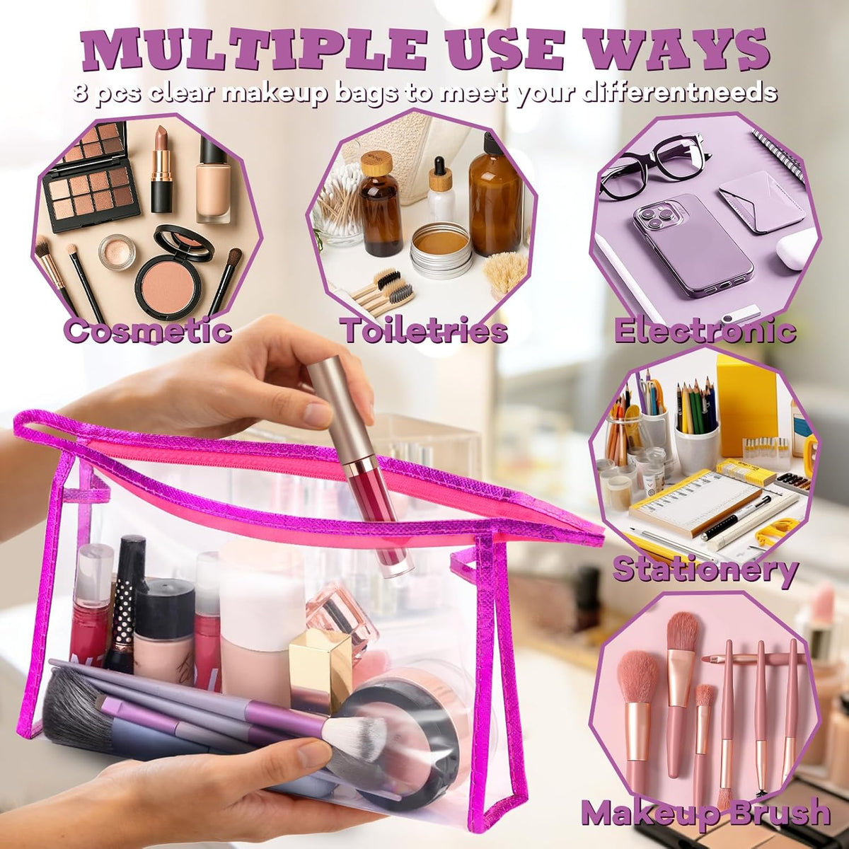 5 Pack Clear Cosmetic Bags Makeup Bags Set Waterproof PVC Clear Toiletry Bag with Zipper, Makeup Organizer Storage Pouches Fit Carry-on Travel Essentials
