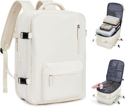 Vacuum Backpack with Pump, Expandable Carry On Travel Backpack | 15.6" Laptop Compartment, Vacuum Compression System, Water-Resistant, Shoe Compartment & USB Charging Port, Beige