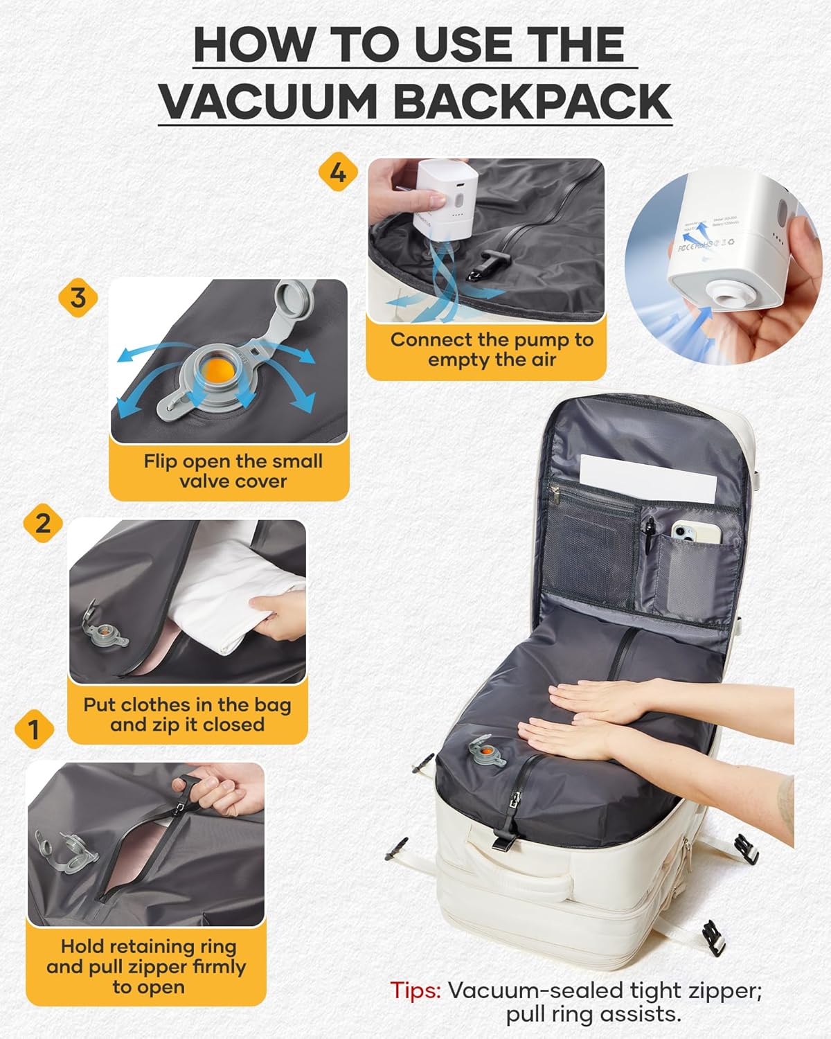 Vacuum Backpack with Pump, Expandable Carry On Travel Backpack | 15.6" Laptop Compartment, Vacuum Compression System, Water-Resistant, Shoe Compartment & USB Charging Port, Beige