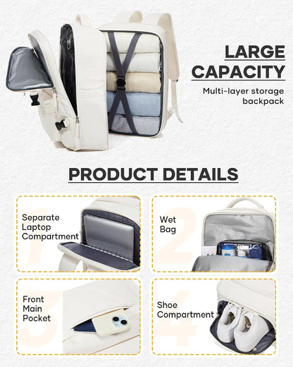 Vacuum Backpack with Pump, Expandable Carry On Travel Backpack | 15.6" Laptop Compartment, Vacuum Compression System, Water-Resistant, Shoe Compartment & USB Charging Port, Beige