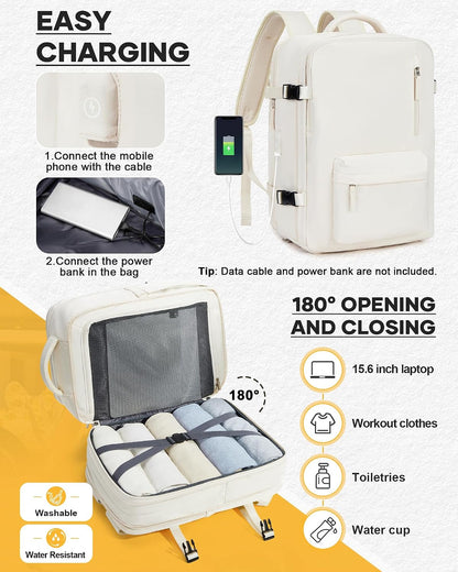 Vacuum Backpack with Pump, Expandable Carry On Travel Backpack | 15.6" Laptop Compartment, Vacuum Compression System, Water-Resistant, Shoe Compartment & USB Charging Port, Beige