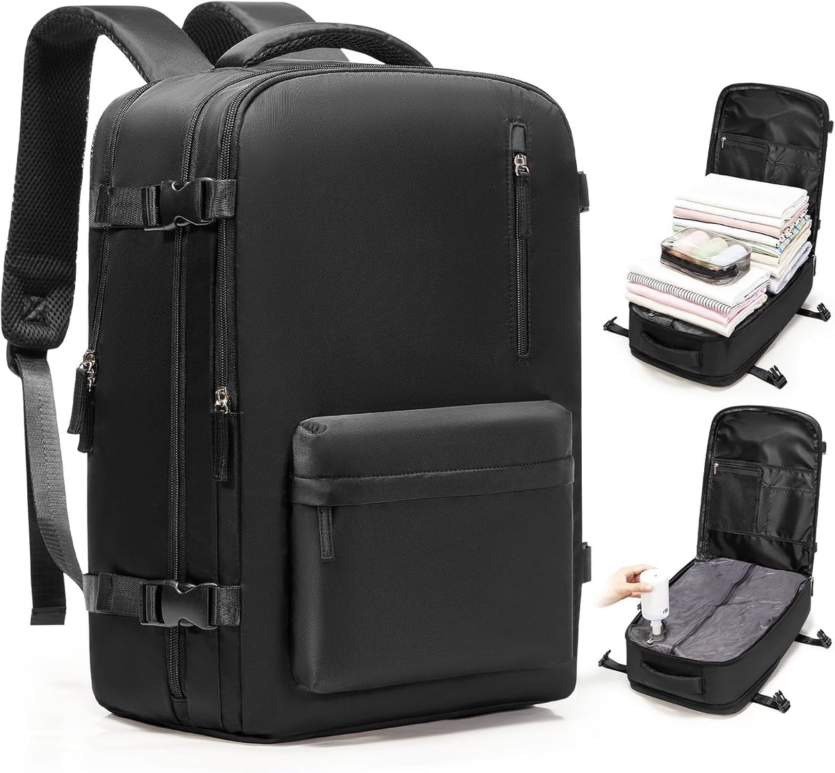 Vacuum Backpack with Pump, Expandable Carry On Travel Backpack | 15.6" Laptop Compartment, Vacuum Compression System, Water-Resistant, Shoe Compartment & USB Charging Port, Beige