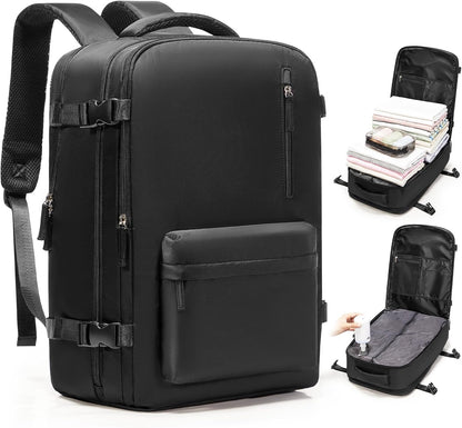 Vacuum Backpack with Pump, Expandable Carry On Travel Backpack | 15.6" Laptop Compartment, Vacuum Compression System, Water-Resistant, Shoe Compartment & USB Charging Port, Beige