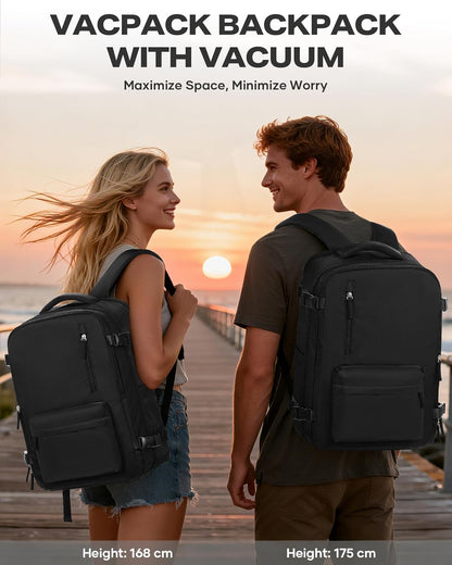 Vacuum Backpack with Pump, Expandable Carry On Travel Backpack | 15.6" Laptop Compartment, Vacuum Compression System, Water-Resistant, Shoe Compartment & USB Charging Port, Beige