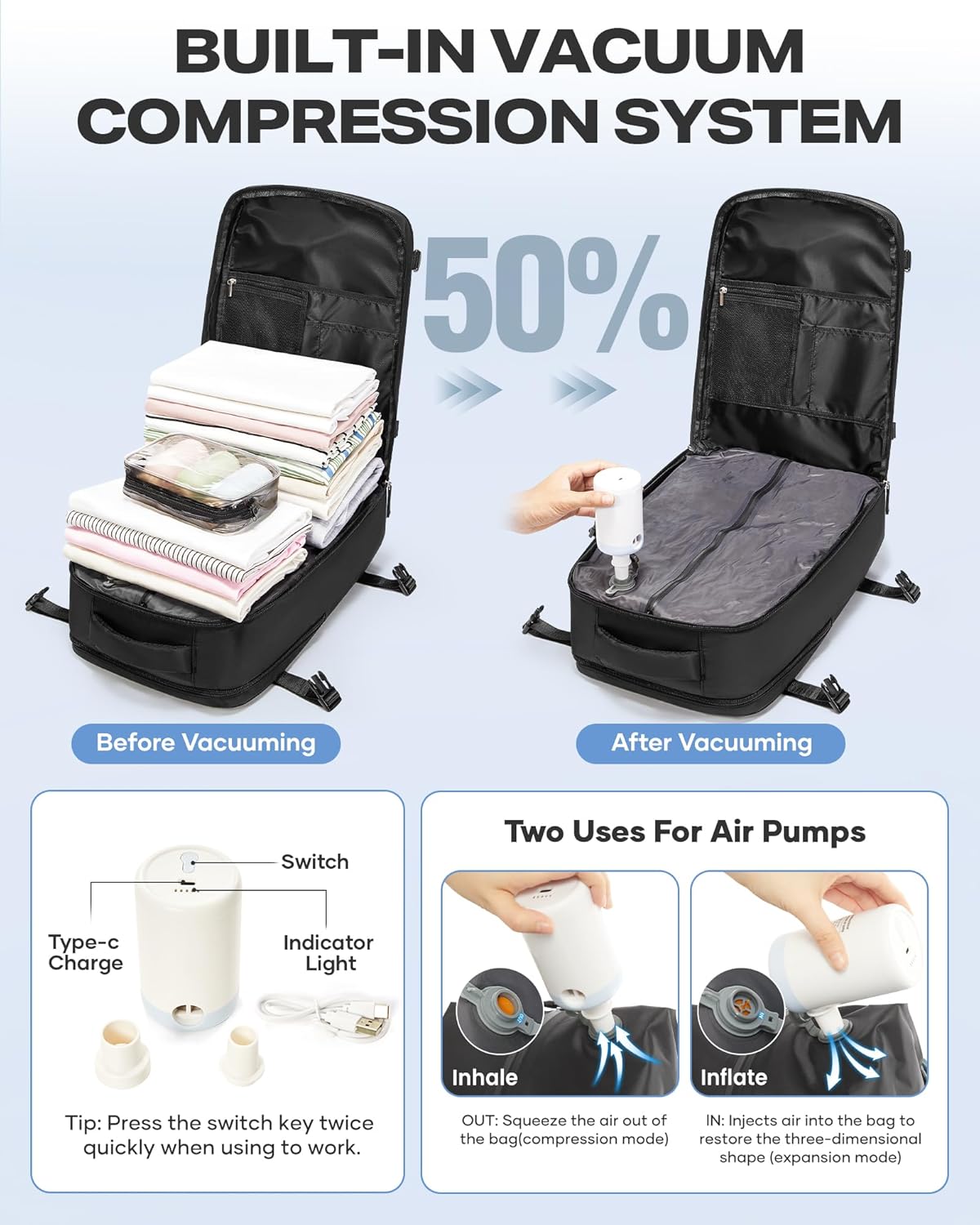 Vacuum Backpack with Pump, Expandable Carry On Travel Backpack | 15.6" Laptop Compartment, Vacuum Compression System, Water-Resistant, Shoe Compartment & USB Charging Port, Beige