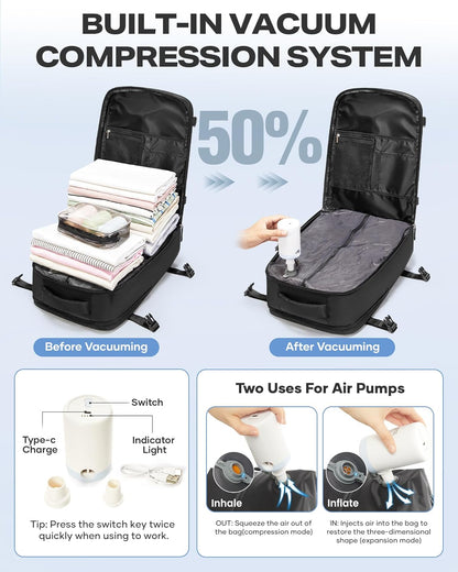 Vacuum Backpack with Pump, Expandable Carry On Travel Backpack | 15.6" Laptop Compartment, Vacuum Compression System, Water-Resistant, Shoe Compartment & USB Charging Port, Beige
