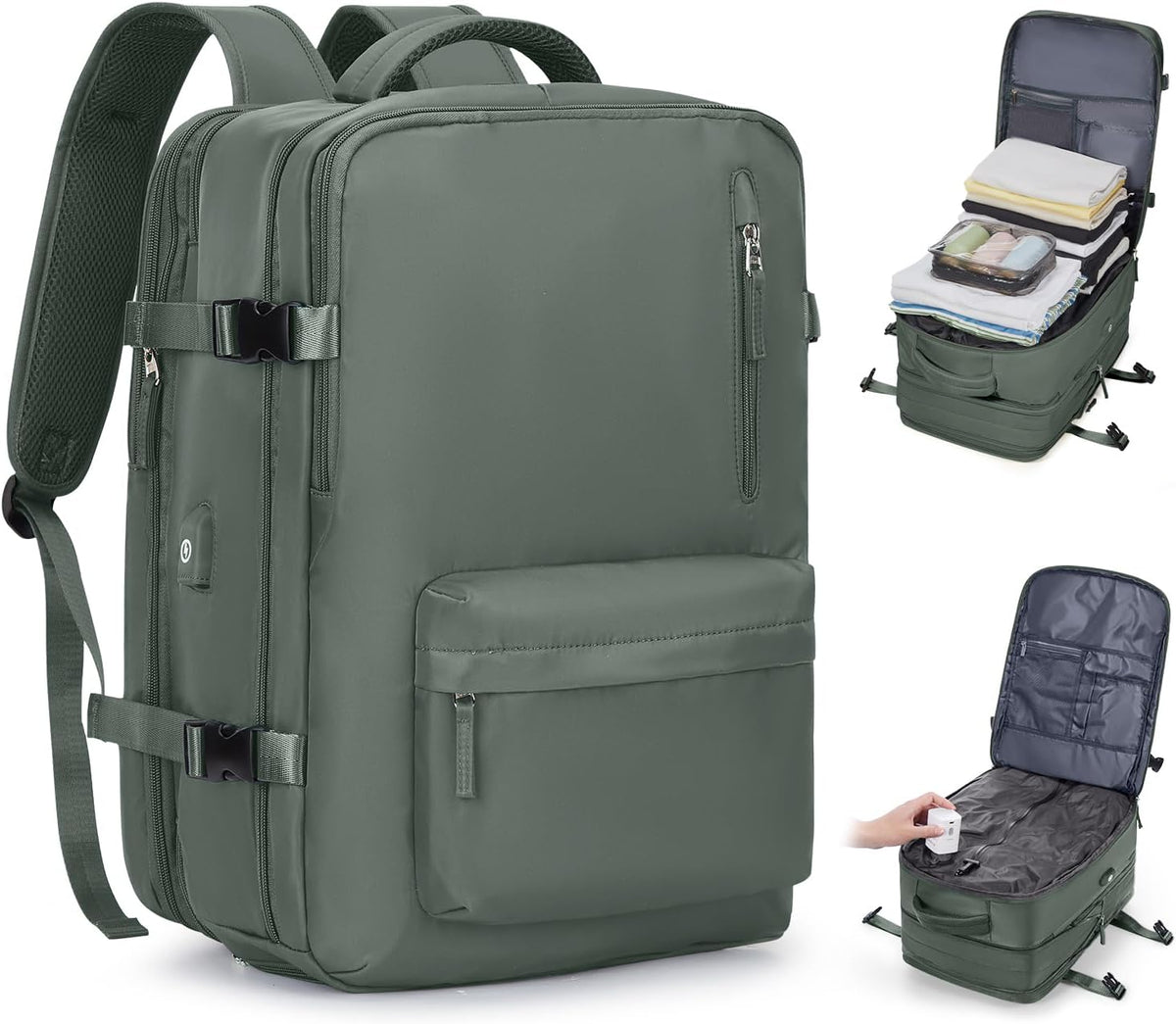 Vacuum Backpack with Pump, Expandable Carry On Travel Backpack | 15.6" Laptop Compartment, Vacuum Compression System, Water-Resistant, Shoe Compartment & USB Charging Port, Beige