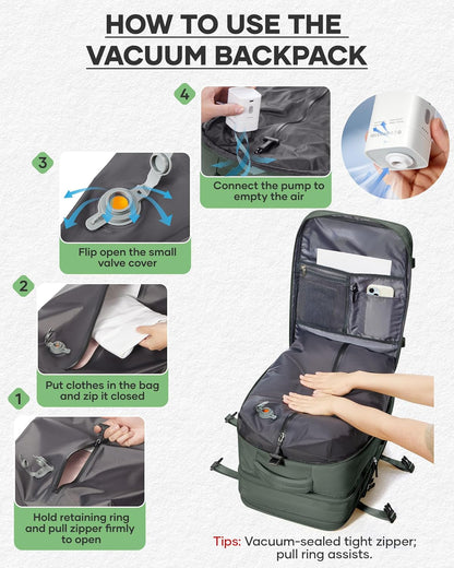 Vacuum Backpack with Pump, Expandable Carry On Travel Backpack | 15.6" Laptop Compartment, Vacuum Compression System, Water-Resistant, Shoe Compartment & USB Charging Port, Beige
