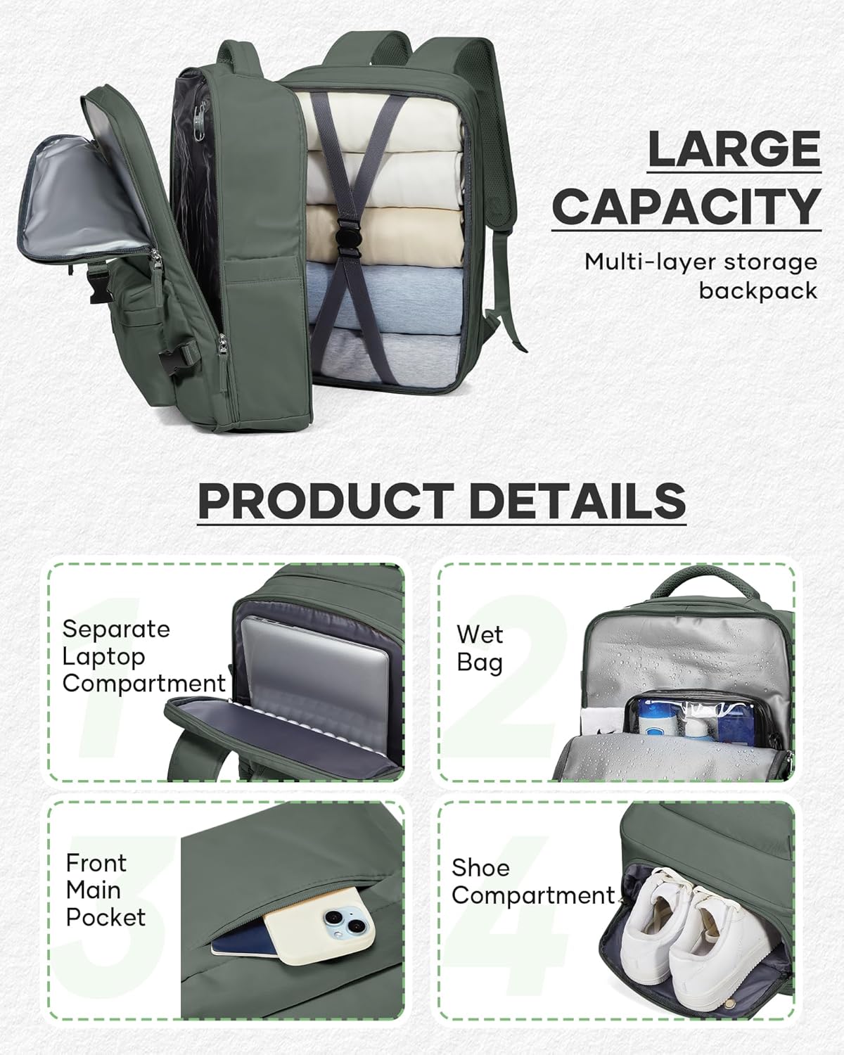 Vacuum Backpack with Pump, Expandable Carry On Travel Backpack | 15.6" Laptop Compartment, Vacuum Compression System, Water-Resistant, Shoe Compartment & USB Charging Port, Beige