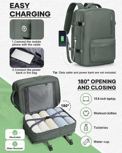 Vacuum Backpack with Pump, Expandable Carry On Travel Backpack | 15.6" Laptop Compartment, Vacuum Compression System, Water-Resistant, Shoe Compartment & USB Charging Port, Beige