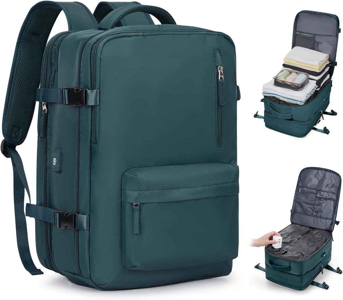 Vacuum Backpack with Pump, Expandable Carry On Travel Backpack | 15.6" Laptop Compartment, Vacuum Compression System, Water-Resistant, Shoe Compartment & USB Charging Port, Beige