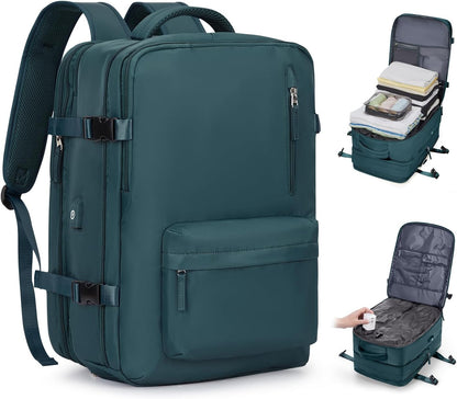 Vacuum Backpack with Pump, Expandable Carry On Travel Backpack | 15.6" Laptop Compartment, Vacuum Compression System, Water-Resistant, Shoe Compartment & USB Charging Port, Beige