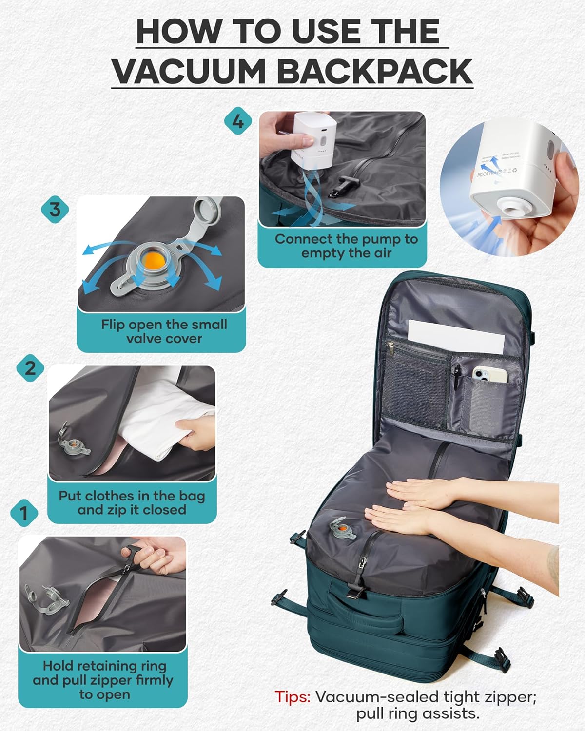 Vacuum Backpack with Pump, Expandable Carry On Travel Backpack | 15.6" Laptop Compartment, Vacuum Compression System, Water-Resistant, Shoe Compartment & USB Charging Port, Beige