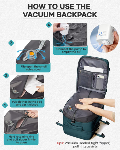 Vacuum Backpack with Pump, Expandable Carry On Travel Backpack | 15.6" Laptop Compartment, Vacuum Compression System, Water-Resistant, Shoe Compartment & USB Charging Port, Beige