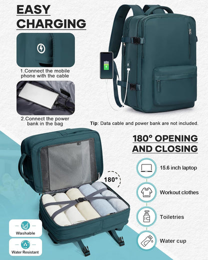 Vacuum Backpack with Pump, Expandable Carry On Travel Backpack | 15.6" Laptop Compartment, Vacuum Compression System, Water-Resistant, Shoe Compartment & USB Charging Port, Beige