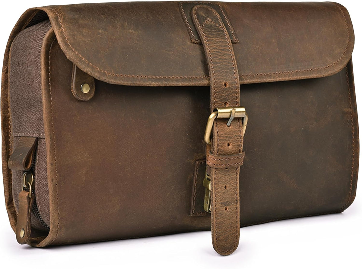 Hanging Genuine Leather Toiletry Bag for Men & Women with Waterproof Lining – Handcrafted Vintage Travel Dopp Kit, Shaving Organizer & Shower Bathroom Essentials Case - Brown
