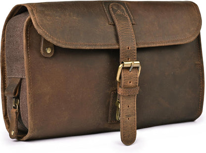 Hanging Genuine Leather Toiletry Bag for Men & Women with Waterproof Lining – Handcrafted Vintage Travel Dopp Kit, Shaving Organizer & Shower Bathroom Essentials Case - Brown