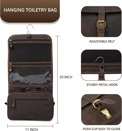 Hanging Genuine Leather Toiletry Bag for Men & Women with Waterproof Lining – Handcrafted Vintage Travel Dopp Kit, Shaving Organizer & Shower Bathroom Essentials Case - Brown