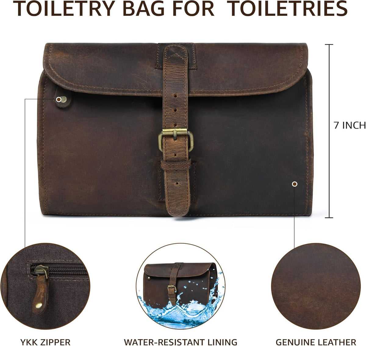 Hanging Genuine Leather Toiletry Bag for Men & Women with Waterproof Lining – Handcrafted Vintage Travel Dopp Kit, Shaving Organizer & Shower Bathroom Essentials Case - Brown
