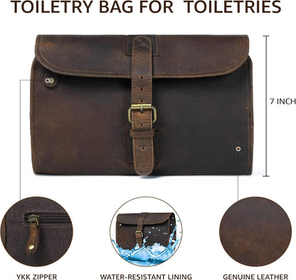 Hanging Genuine Leather Toiletry Bag for Men & Women with Waterproof Lining – Handcrafted Vintage Travel Dopp Kit, Shaving Organizer & Shower Bathroom Essentials Case - Brown