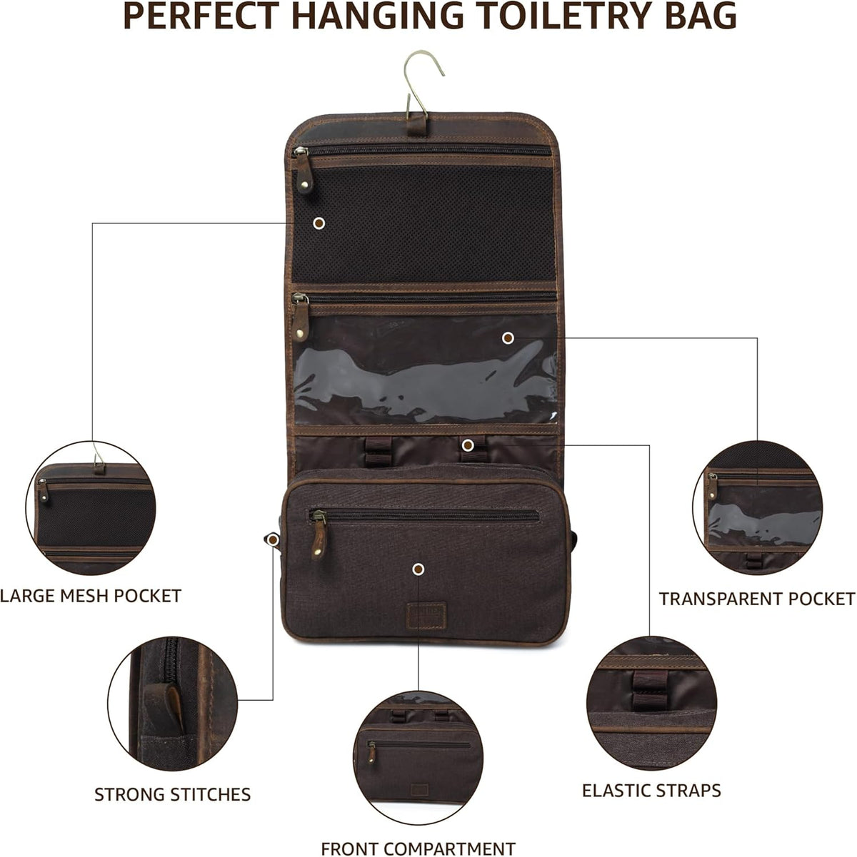 Hanging Genuine Leather Toiletry Bag for Men & Women with Waterproof Lining – Handcrafted Vintage Travel Dopp Kit, Shaving Organizer & Shower Bathroom Essentials Case - Brown