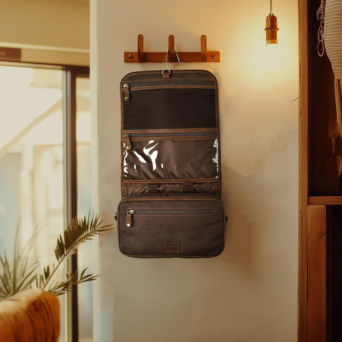 Hanging Genuine Leather Toiletry Bag for Men & Women with Waterproof Lining – Handcrafted Vintage Travel Dopp Kit, Shaving Organizer & Shower Bathroom Essentials Case - Brown
