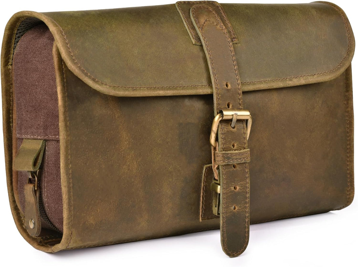 Hanging Genuine Leather Toiletry Bag for Men & Women with Waterproof Lining – Handcrafted Vintage Travel Dopp Kit, Shaving Organizer & Shower Bathroom Essentials Case - Brown
