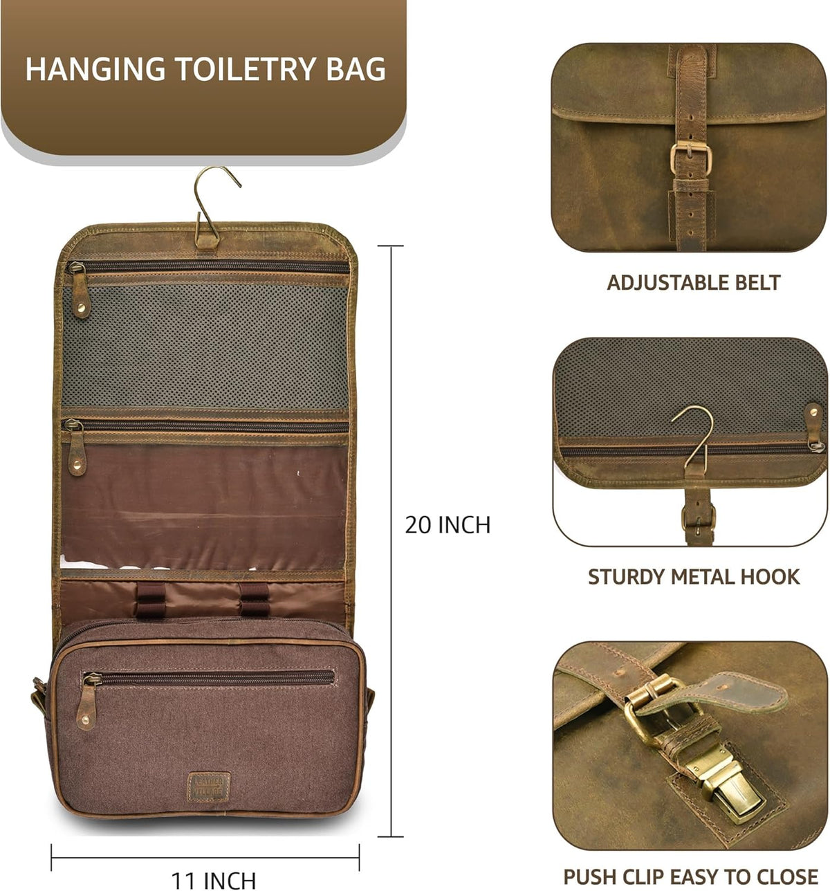 Hanging Genuine Leather Toiletry Bag for Men & Women with Waterproof Lining – Handcrafted Vintage Travel Dopp Kit, Shaving Organizer & Shower Bathroom Essentials Case - Brown